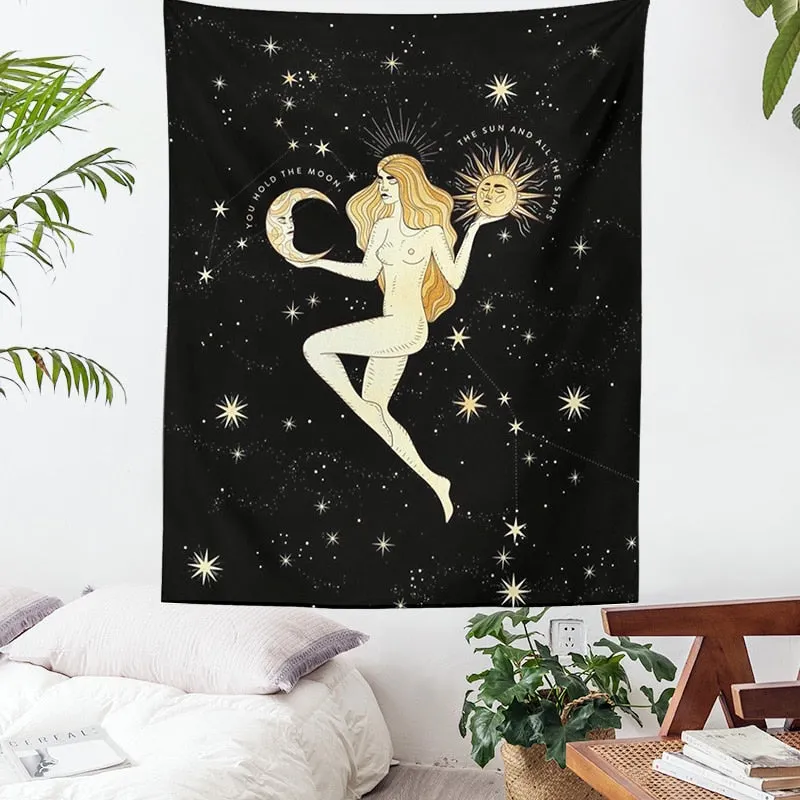 Sun and Moon Tapestry Moon girl Tarot Card Witchcraft Wall Hanging black Art Print Mural Background Tapestries for Bedroom Dorm