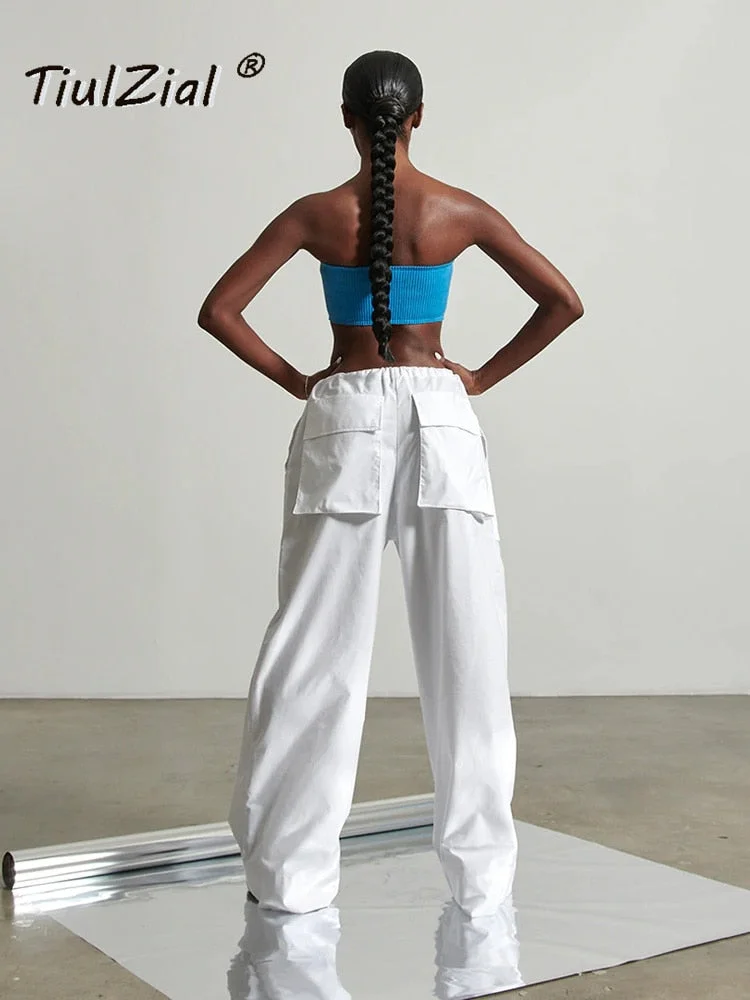 White Y2K Wide Leg Multi Pocket Pant Draw String Waist Vintage Loose Cargo Pants Black Baggy Summer Long Trouser Cotton