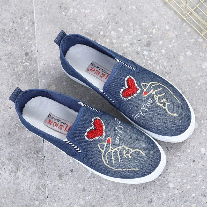 Qengg Women's Spring summer shoes comfortable denim canvas shoes with printings lady soft lazy loafers chaussures de dame