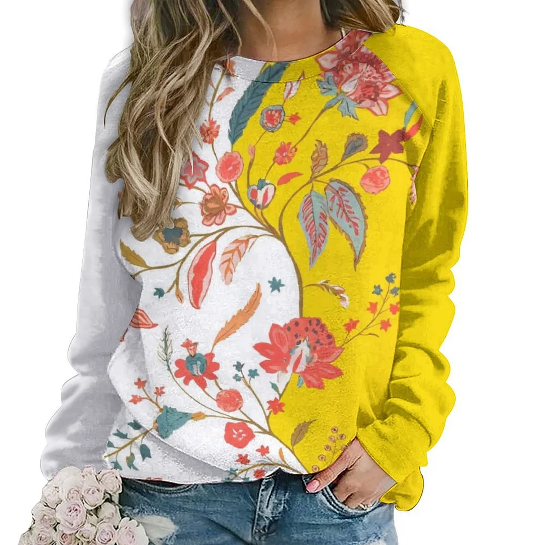Printed Long Sleeve Casual Sweatshirt for  Women and Men Unisex Pattern Yellow, Floral