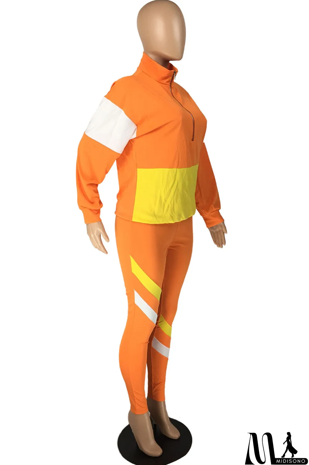 MidiSono - Fluorescent green Casual Striped Print Zippered Split Joint Mandarin Collar Long Sleeve Two Pieces