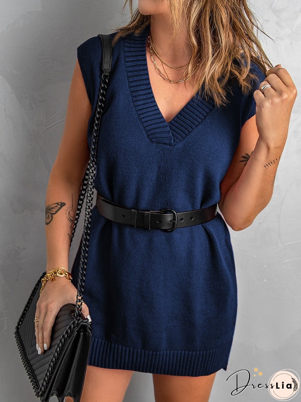 Navy Blue Ribbed Knitted Sleeveless Vest Sweater