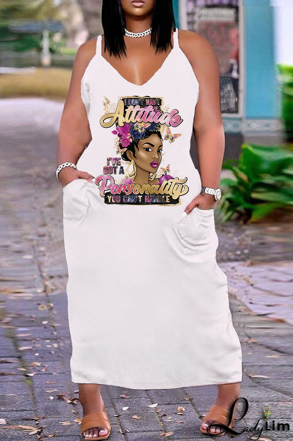 White Orange Sexy Casual Plus Size Print Backless V Neck Sling Dress