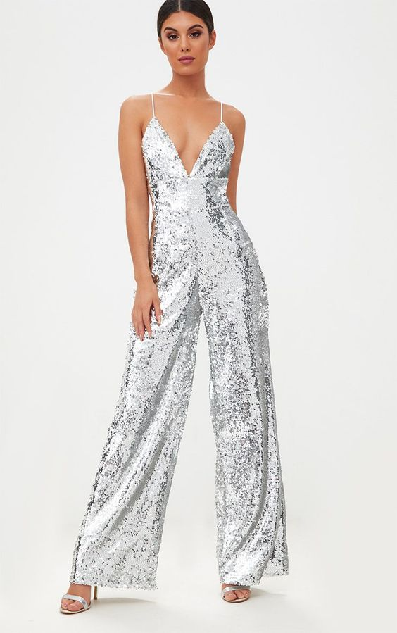 Lvs&Broner Simple Sequins V Neck Spaghetti Strap Sleeveless Long Wid Leg Jumpsuit