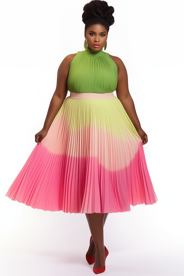 Xpluswear Design Plus Size Business Casual Multicolor Gradient Halter Collar Pleated Chiffon Midi Dresses [Pre-Order]