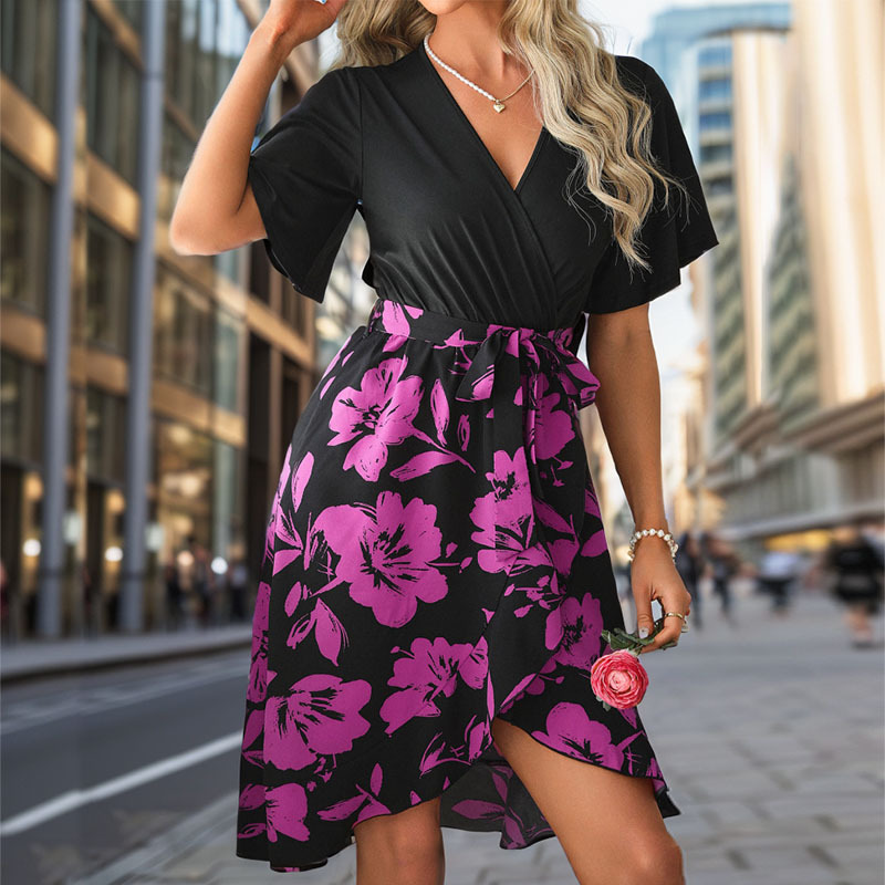 Mature Women's Printed Stitching Irregular Summer Elegant Dress