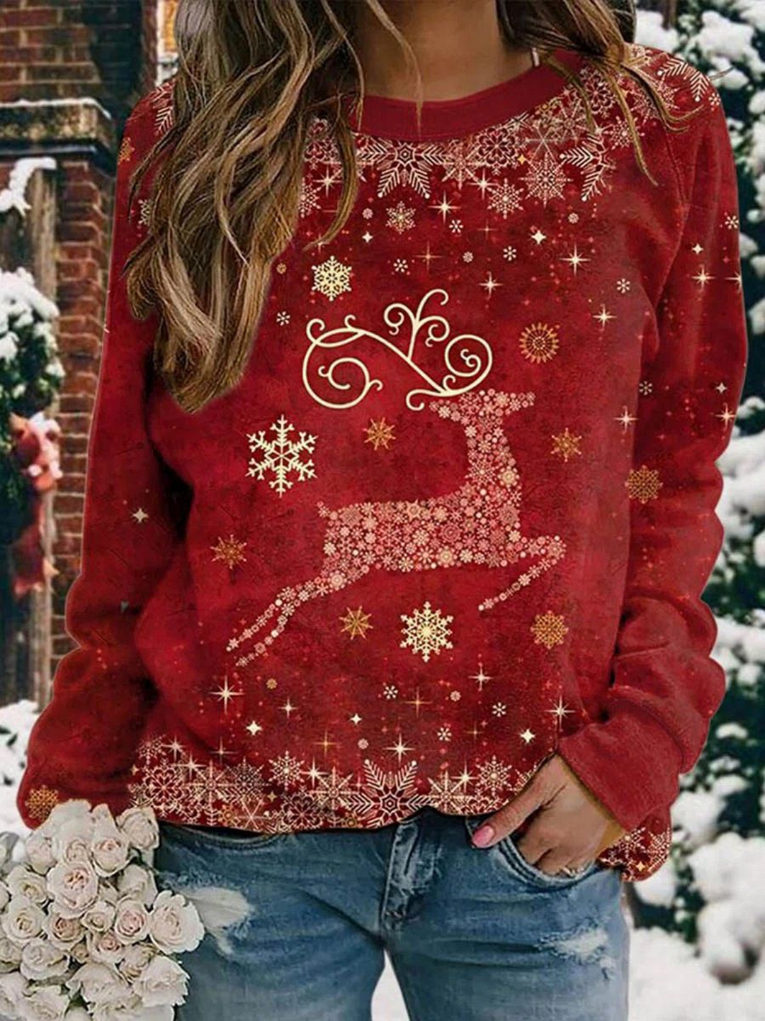 Christmas Tree Elk Print Women's Top