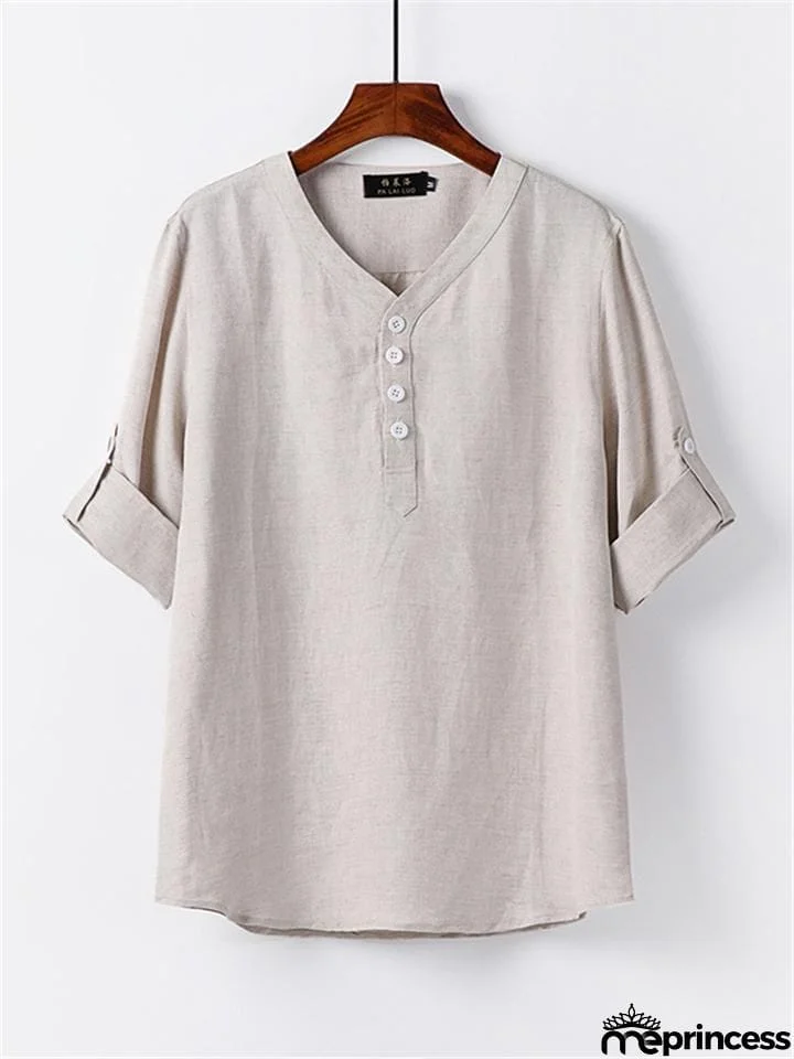Mens Loose Comfy Linen Solid Color Long Sleeve T-Shirts
