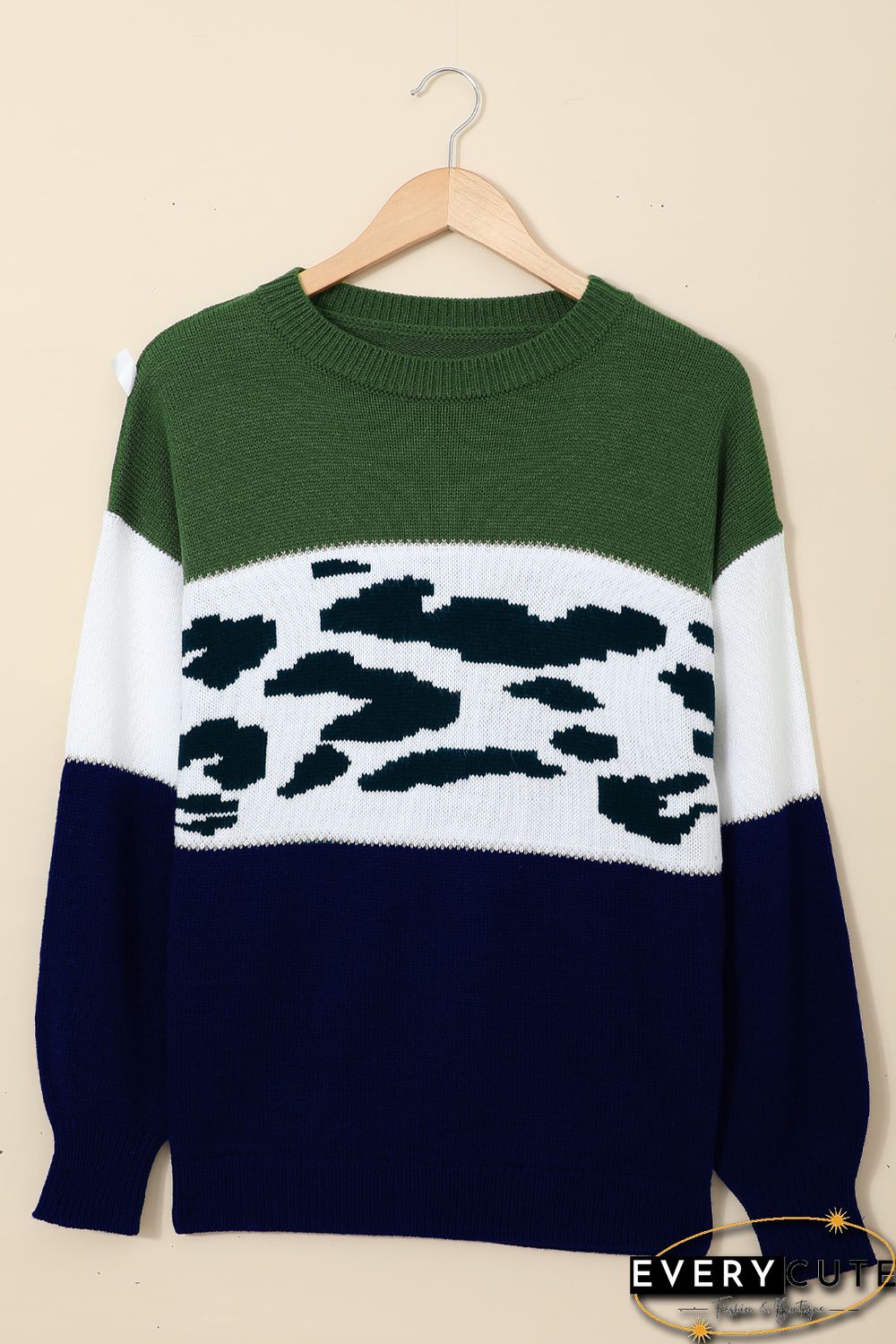 Green Color Block Leopard Splicing Sweater