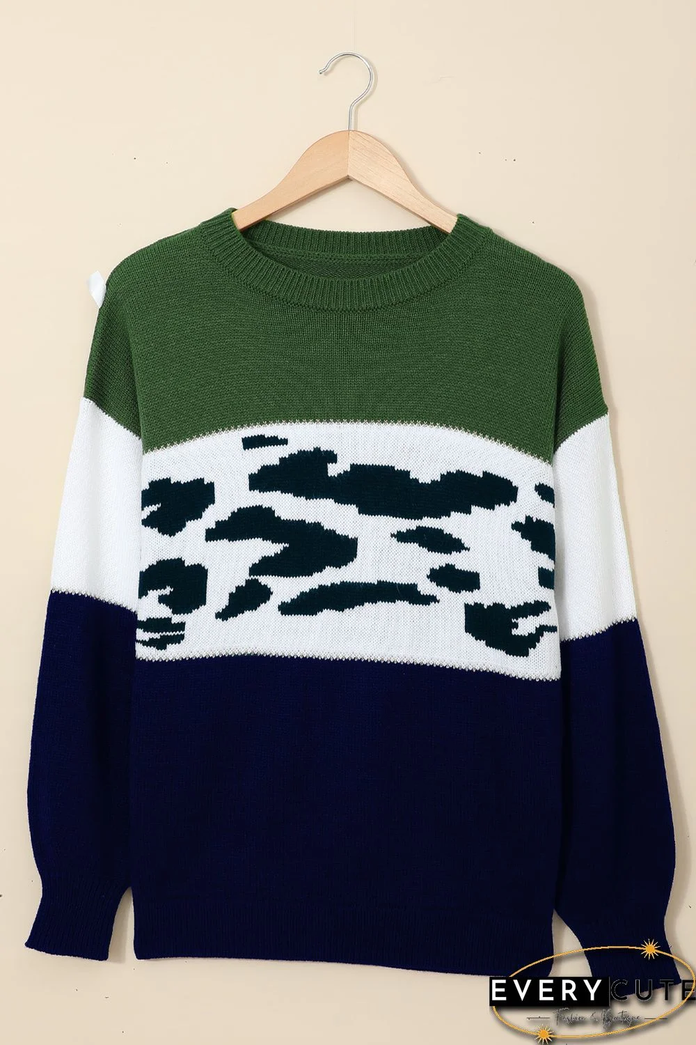Green Color Block Leopard Splicing Sweater