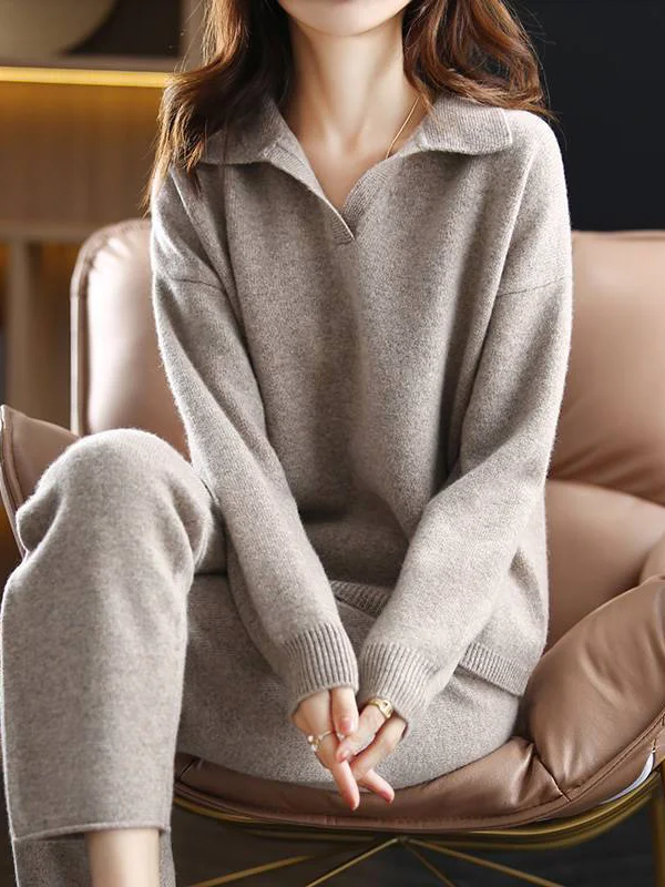 Solid Color Long Sleeves Loose Polo Sweater Top   Pants Bottom Two Pieces Set