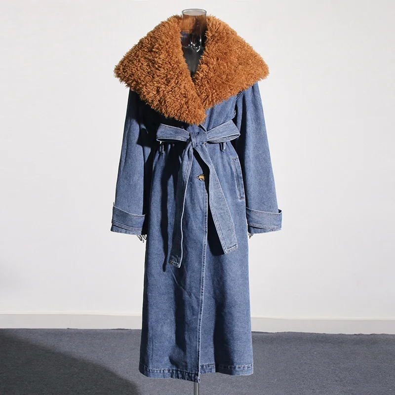 Zingj High Fashion Temperament Coat 2025 Summer New Belt Splicing Long Denim Wind Coat Female