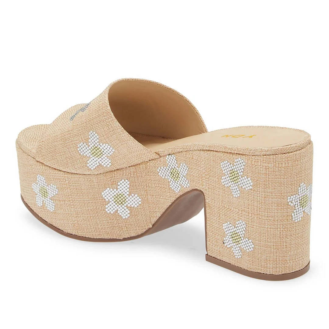 Beige Fabric Open Toe Platform Mules with Studded Flowers