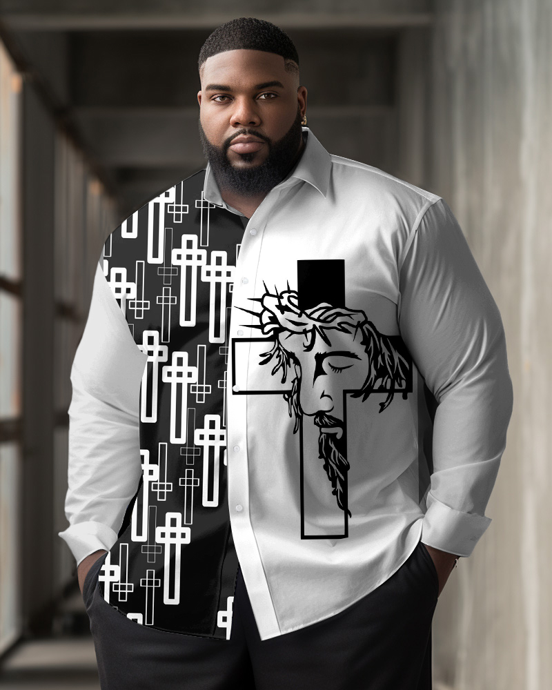Plus Size Men's Casual Simple Jesus Faith Cross Print Lapel Long Sleeve Shirt