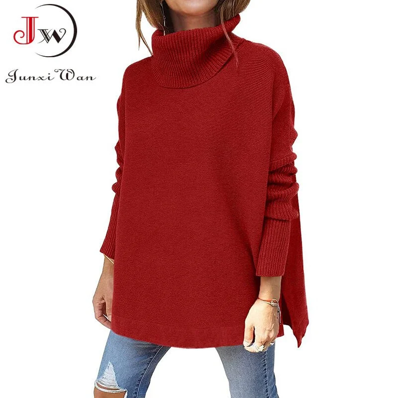 Autumn Winter Women Knitted Long Sweater Loose Oversized Turtleneck Batwing Sleeve Tunic Pullover Tops Jumpers
