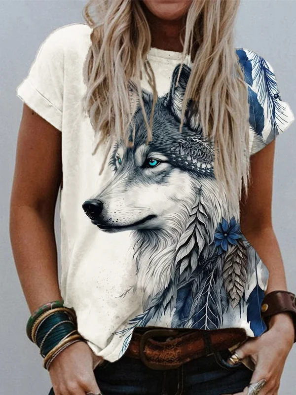 Western Ethnic Wolf Art Round Neck T Shirt