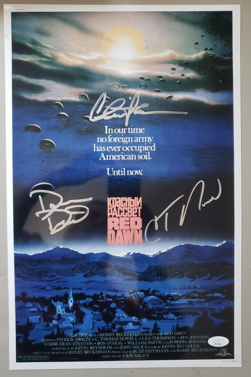 11x17 Autographed by Charlie Sheen, Darren Dalton & C Thomas Howell Red Dawn.JSA