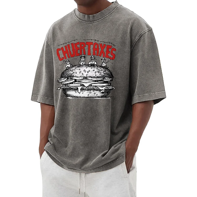 Funny hamburger graphic washed T-shirt 004