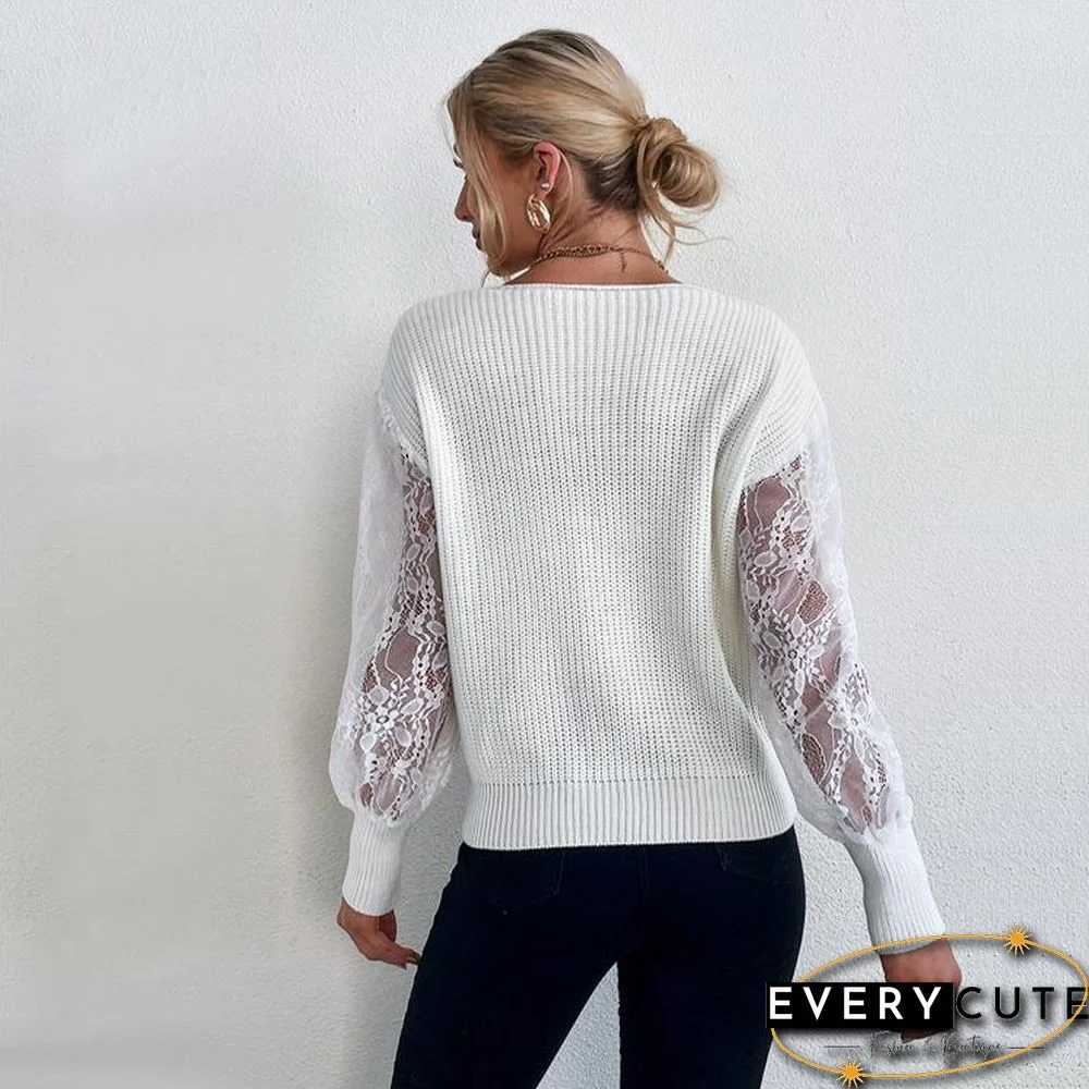 White V Neck Lace Joint Sweater