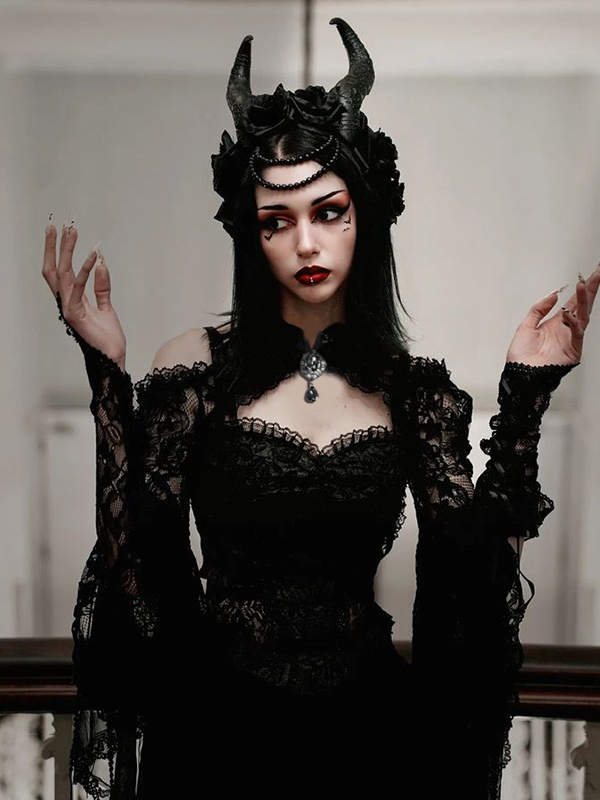 Dark Fashion Slim Peplum Shoulder Princess Sleeve Lace Blouse