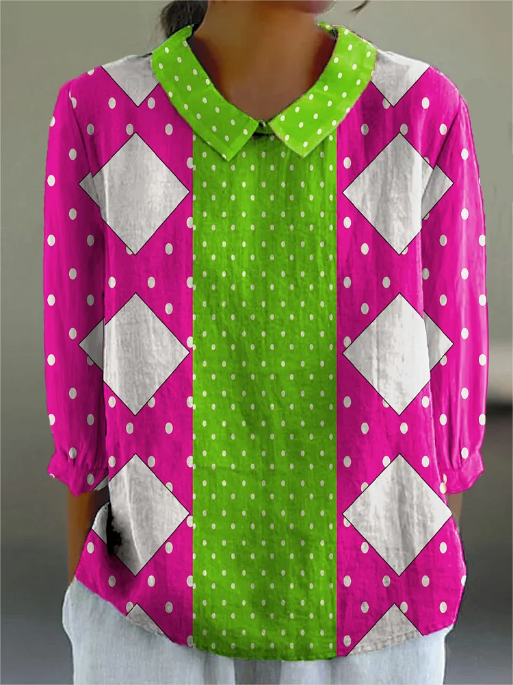 Women's Bright Rectangle Dot Art Print Casual Cotton And Linen 3/4 Sleeve Shirt