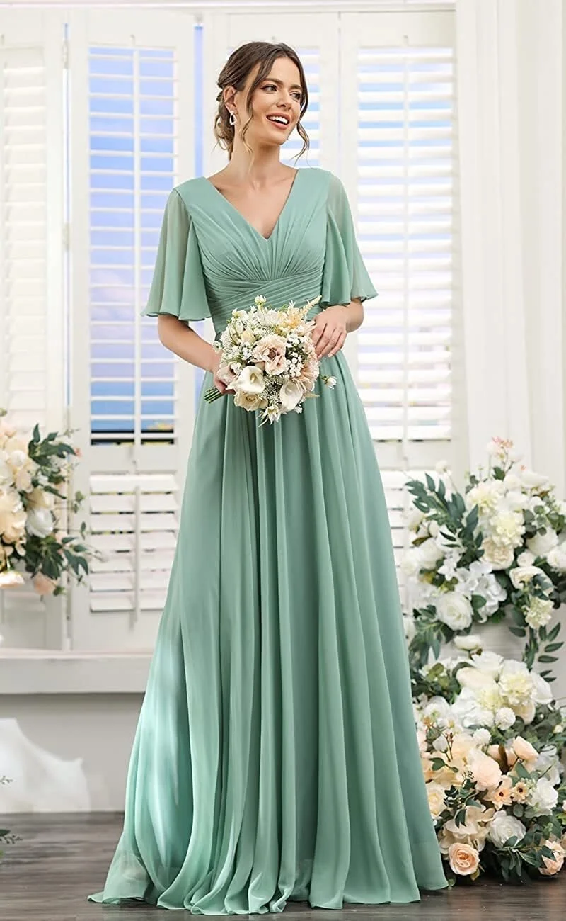 V-Neck Flutter Short Sleeve Bridesmaid Dress Long Chiffon Formal Dresses YH0018