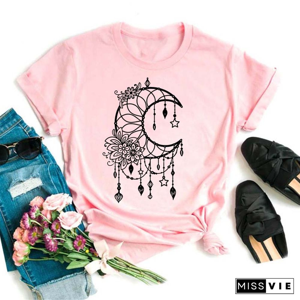 Maycaur Women Harajuku T Shirt New Moon Star Printed T Shirt O-Neck Summer Short Sleeve Tees Women Clothes Graphic T Shirts