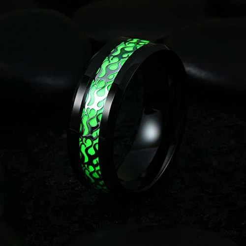 6MM 8MM Women's Or Men's Black Tungsten Carbide Wedding Rings Silver Flame Pattern Inlaid Green Luminous Glowing