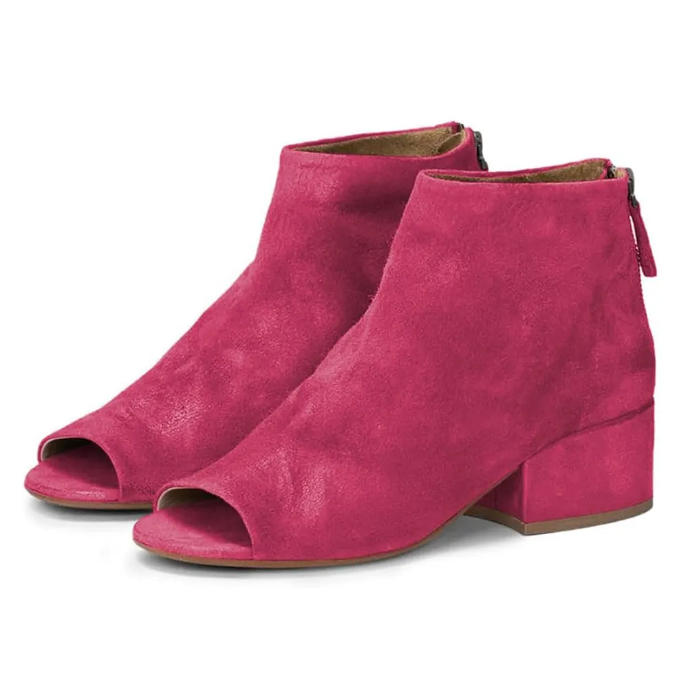 Magenta Faux Suede Open Round Toe Back-Zip Summer Ankle Boots