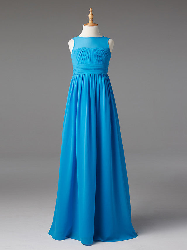 Oknass Princess A-Line Jewel Neck Floor Length Chiffon Junior Flower Girl Dress With Sash Ribbon Pleats