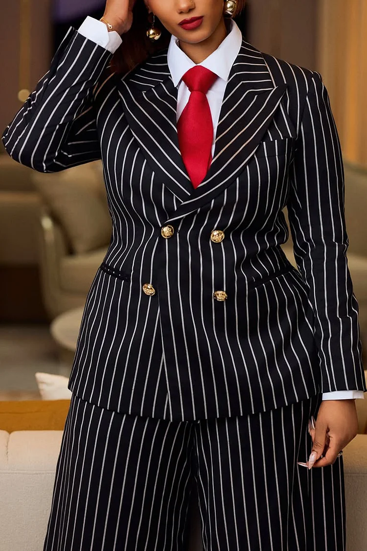 Plus Size Formal Black Striped Lapel Collar Long Sleeve Wide Leg Elegant Two Piece Pant Suits [Pre-Order]