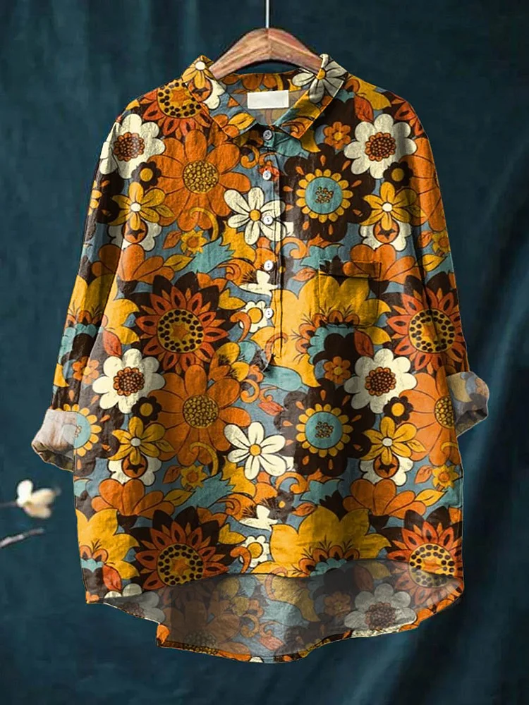 Womens Vintage Lovely Flowers Art Print Casual Cotton And Linen Shirt