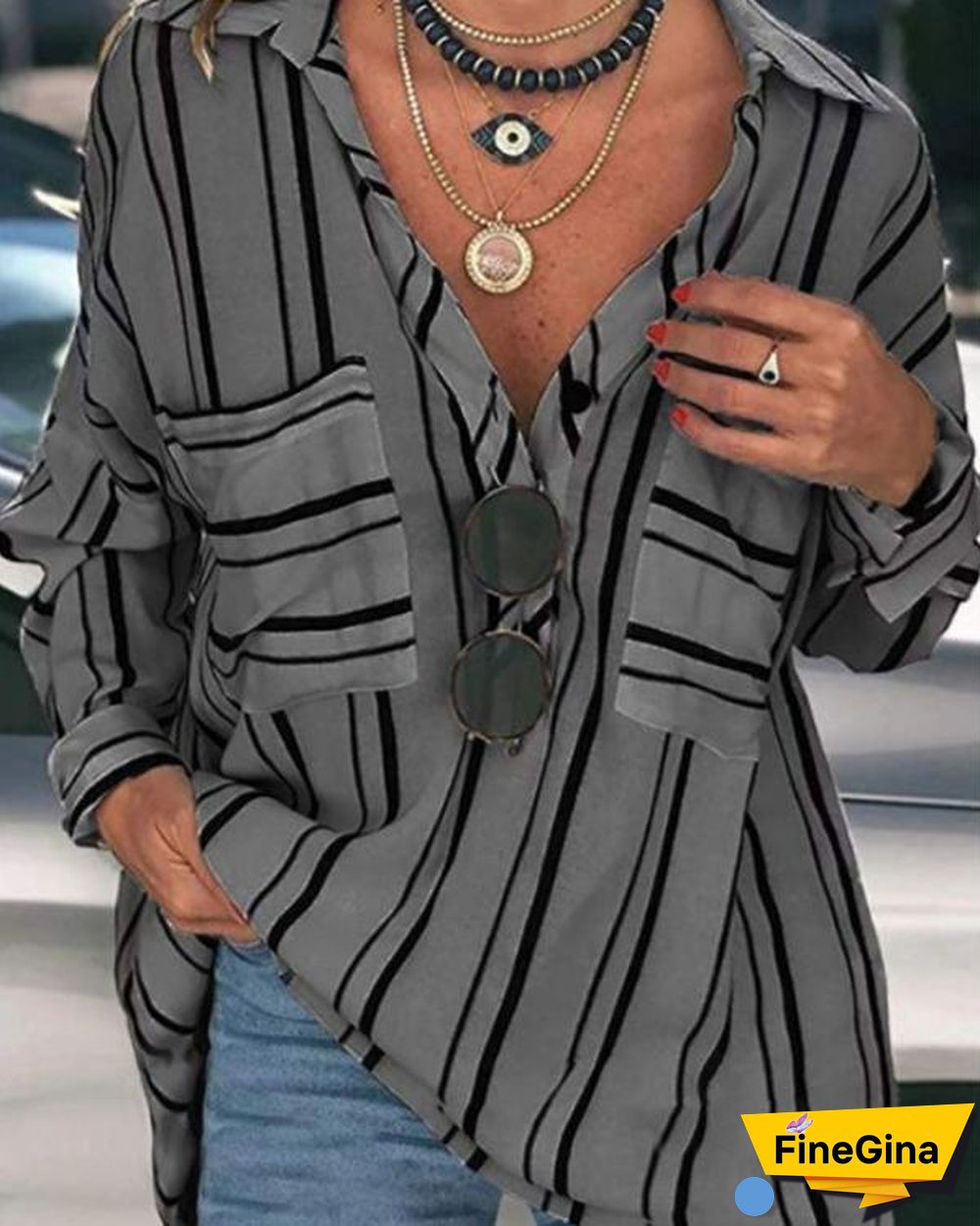 Striped Buttoned Down Plus Size Blouses Shirts