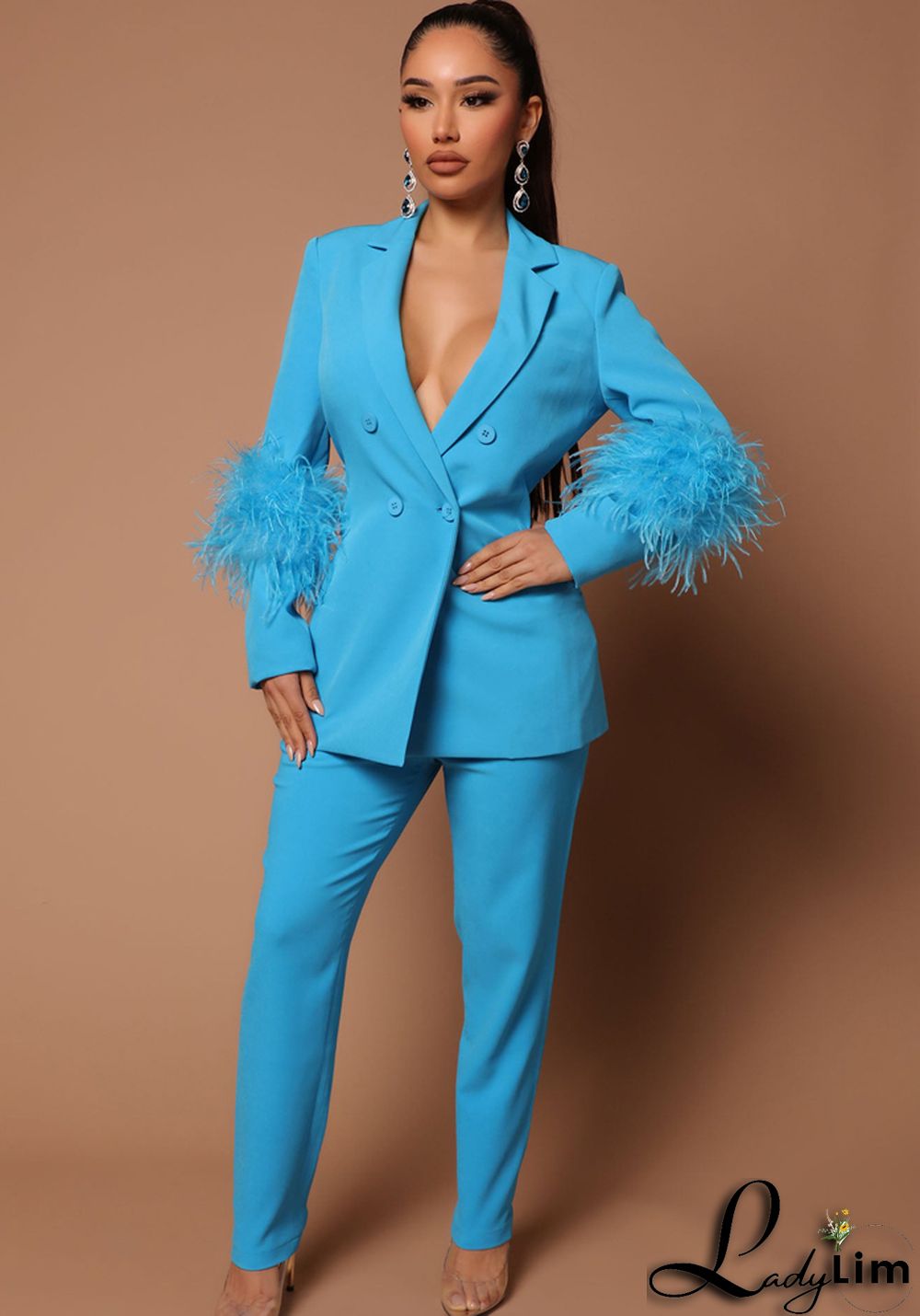 Fall Women Feather Blazer and Pant Two Piece