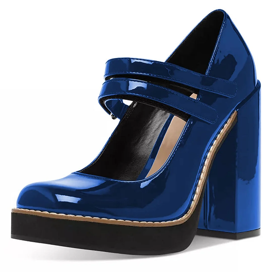 Blue Square Toe Double Buckle Strap Mary Jane Platform Shoes