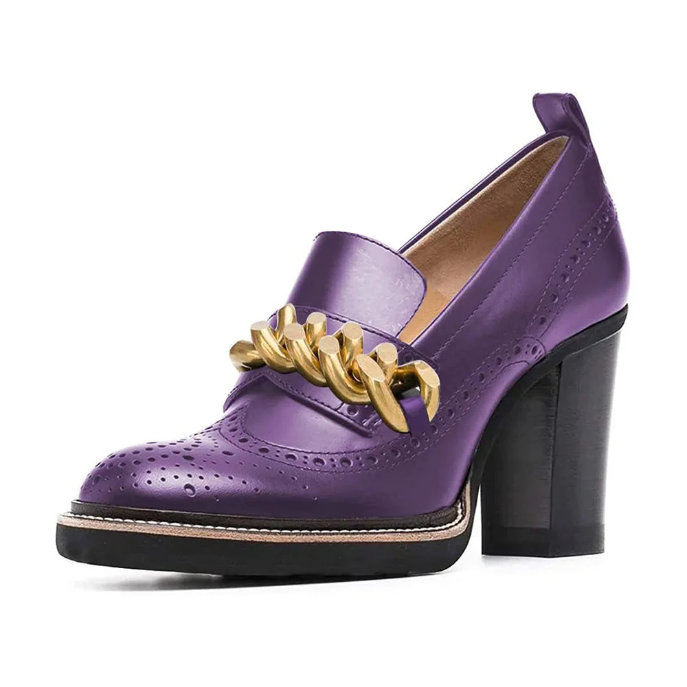 Round Toe Chain Perforated Chunky Heeled Loafers Women in Purple