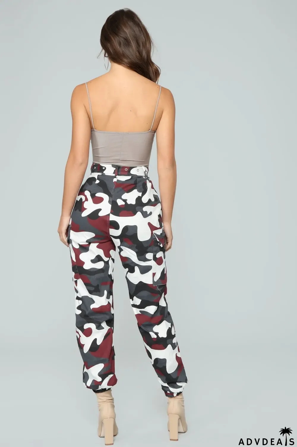 Spring High Waist Camou Cargo Pants with Belt