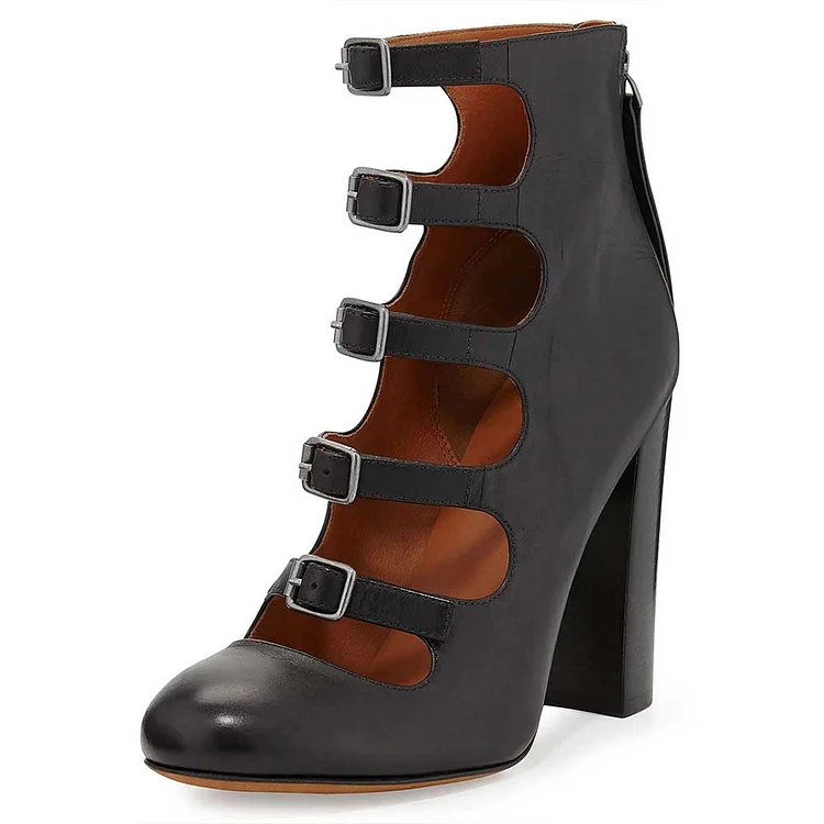 Black Round Toe Chunky Heel Buckled Booties for Women |FSJ Shoes