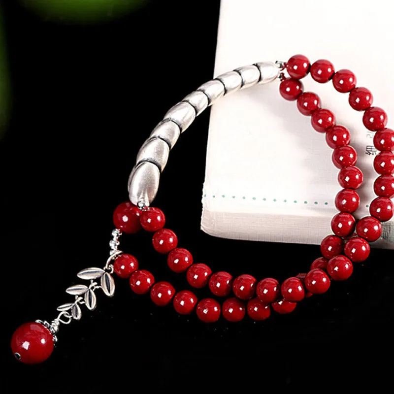 Silver Cinnabar Wheat Pattern Blessing Bracelet