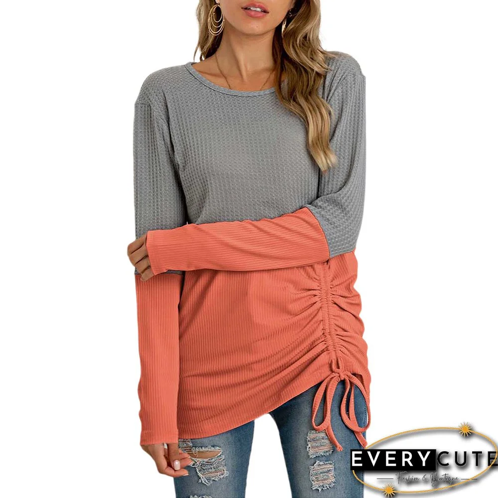 Orange Color Block Waffle Drawstring Long Sleeve Tops