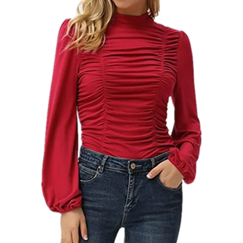 Women's Blouse Lantern Sleeve Ruched Front High Neck Slim Fit Tops