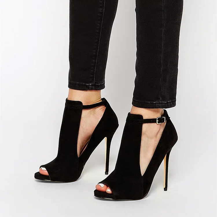 Black Peep Toe Heels Cut out Vegan Suede Ankle Strap Stiletto Heel Pumps |FSJ Shoes