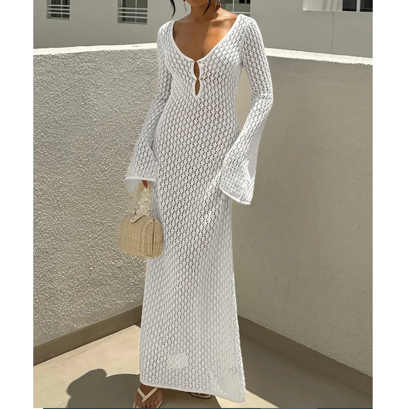 Women's Deep V Keyhole Cutout Flare Sleeve Crochet Knit Maxi Dress | 168DEAL
