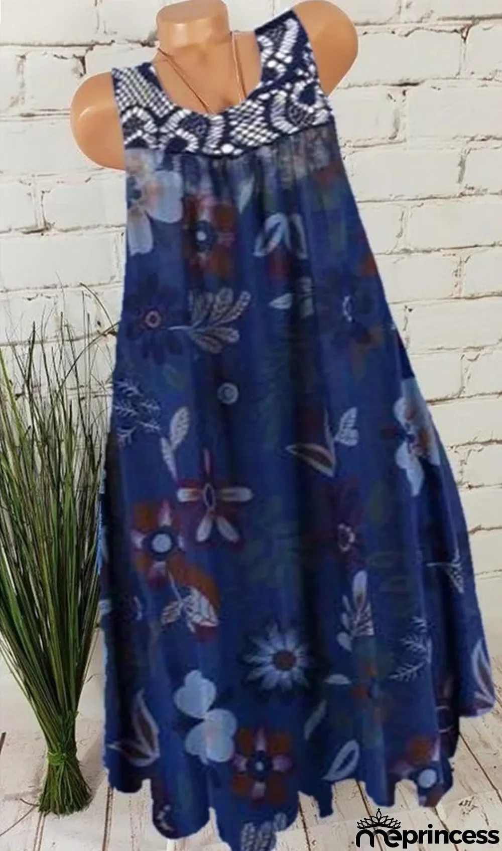 Floral Printed Sleeveless Lace Stitching Dresses