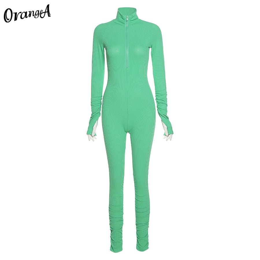 OrangeA Women Ribbed Summer Activewear Skinny Stacked Jumpsuits Zipper Stretchy Turtleneck Fitness Workout Casual Streetwear