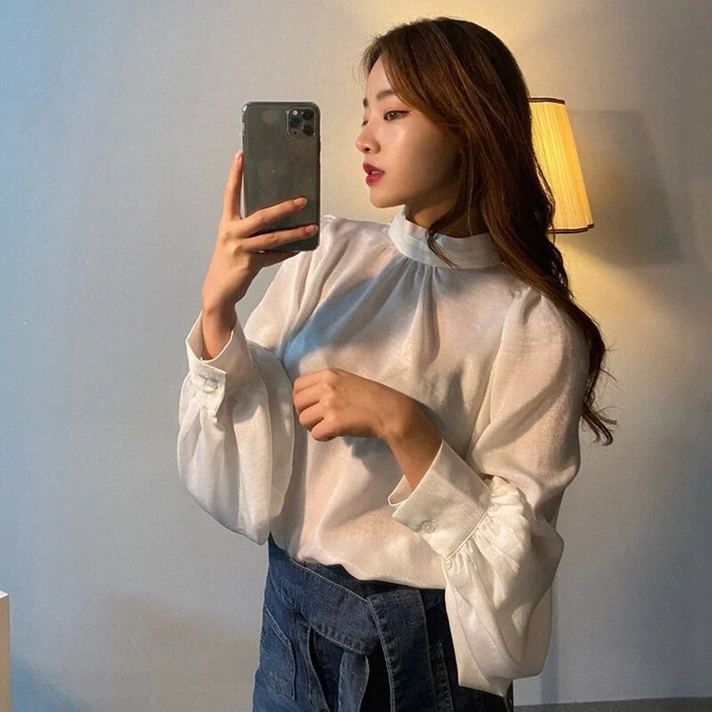 New Korean Fashion Smooth Blouse Women Spring Slim Office Lady Elegant Tops Lantern Sleeve Solid Stand Collar Shirt Blusas 12944