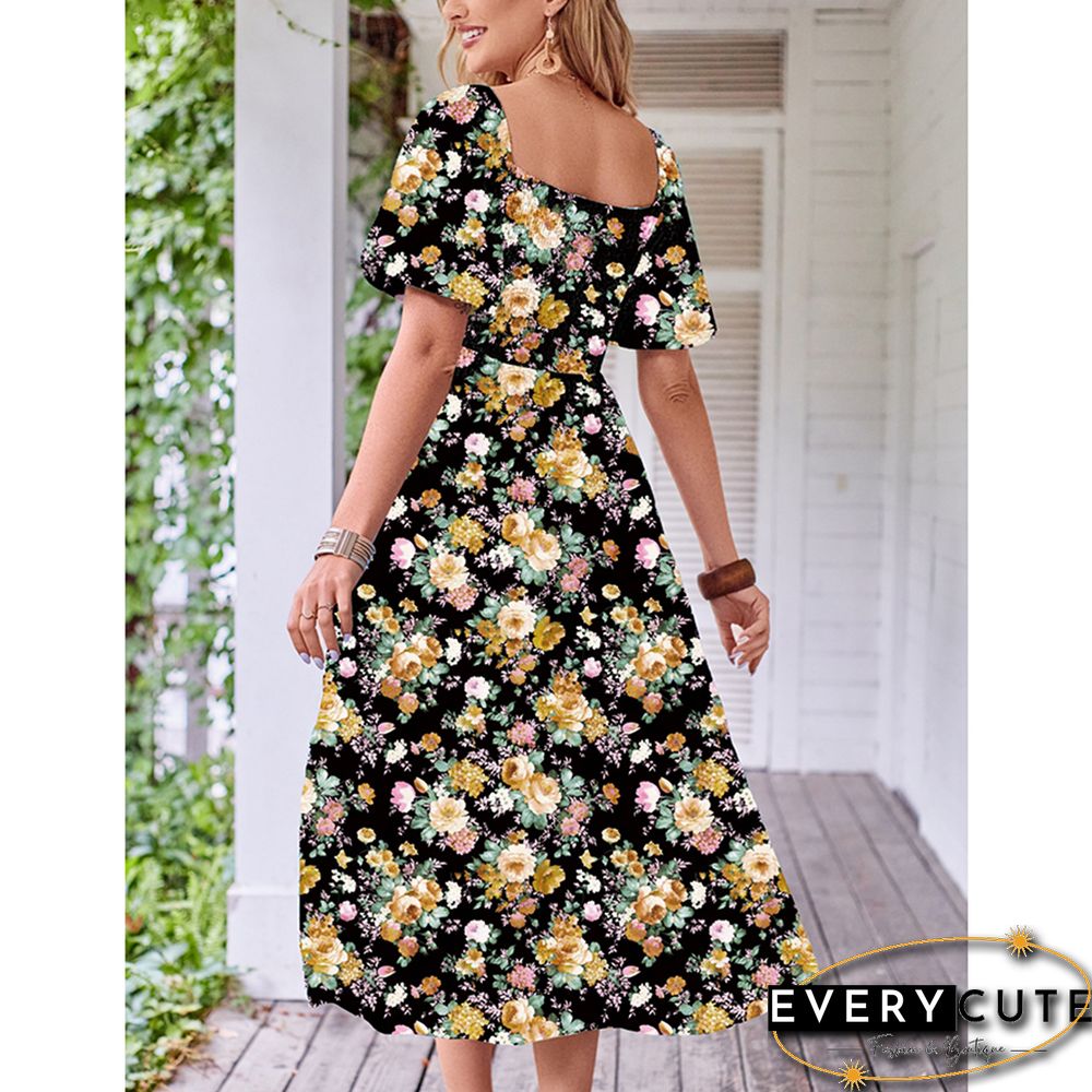 Black Puff Sleeves Back Pleated Floral Dress