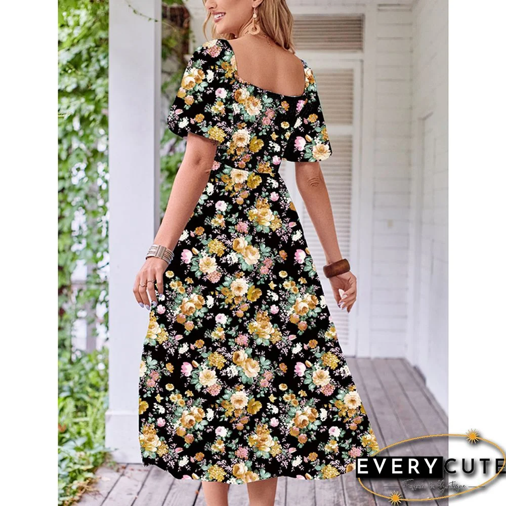 Black Puff Sleeves Back Pleated Floral Dress
