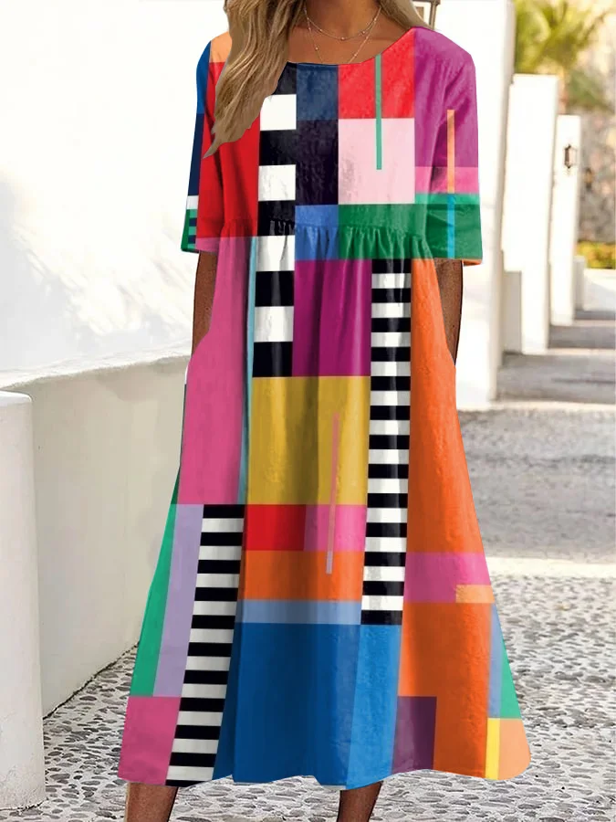 Vintage Abstract Art Print Round Neck Pocket Midi Dress