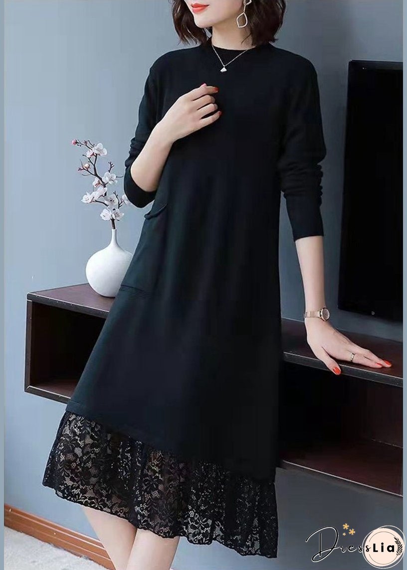 Simple Brown Pockets Lace Patchwork Knit Dresses Fall